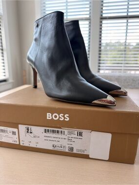 Boss Janet Black Leather Ankle Booties with Silver Toe Caps - Size 9